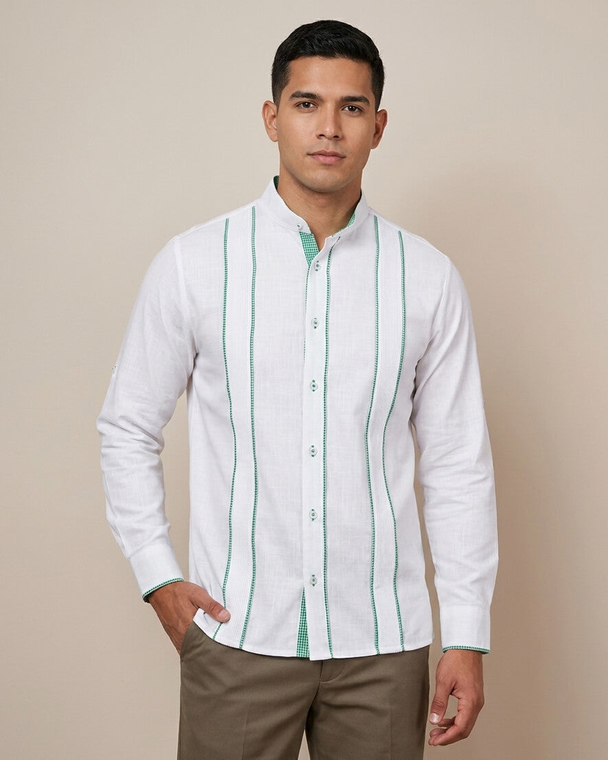 Ready to Go Medium | Blanco con Green Guingán Long Sleeve Delicado Guayabera
