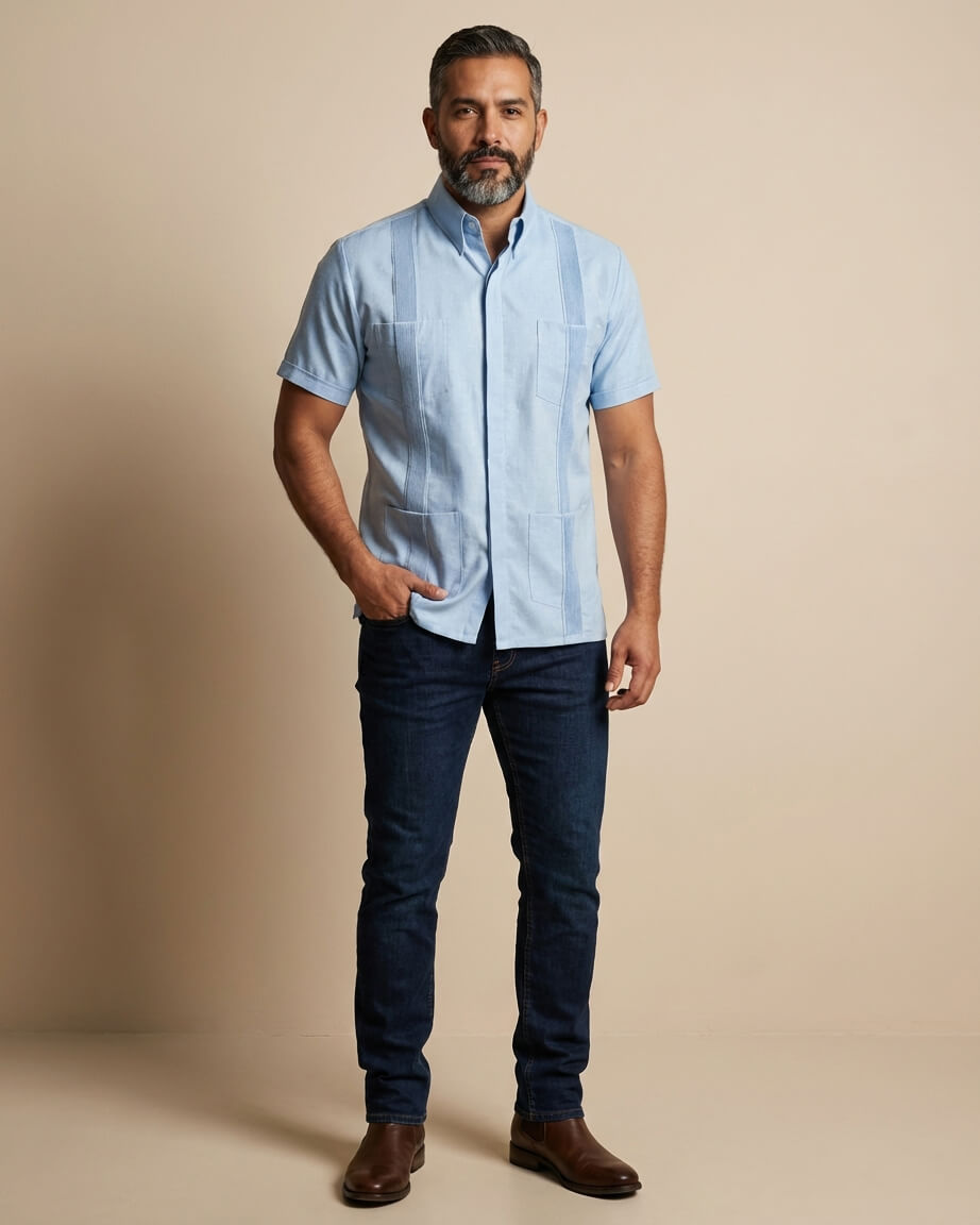 Ready to Go Large | Cenote Sky Blue Terra Short Sleeve Guayabera
