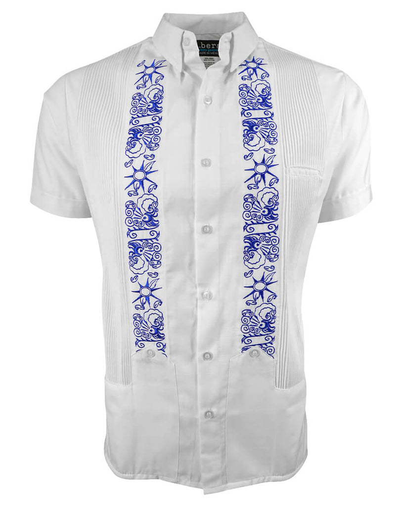 White Clouds with Blue Stars Short Sleeve Guayabera