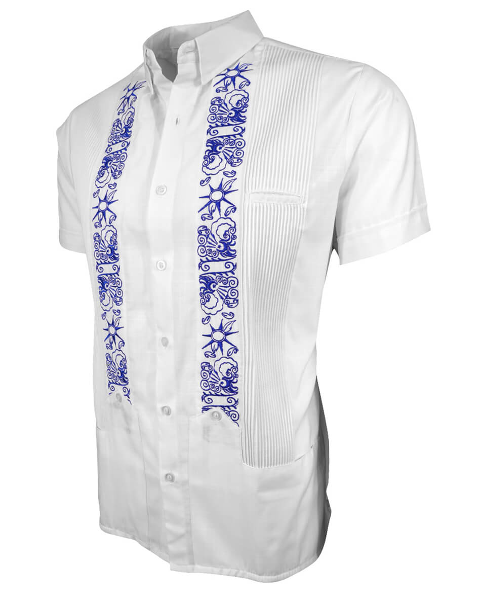 White Clouds with Blue Stars Short Sleeve Guayabera