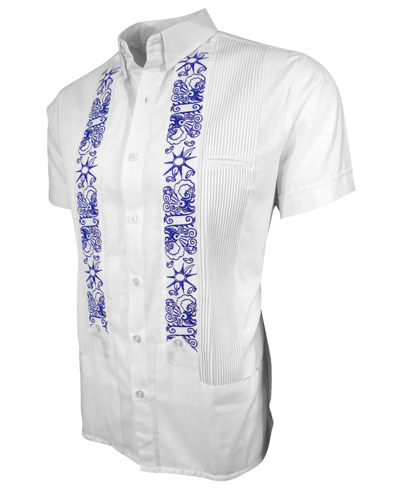 White Clouds with Blue Stars Short Sleeve Guayabera