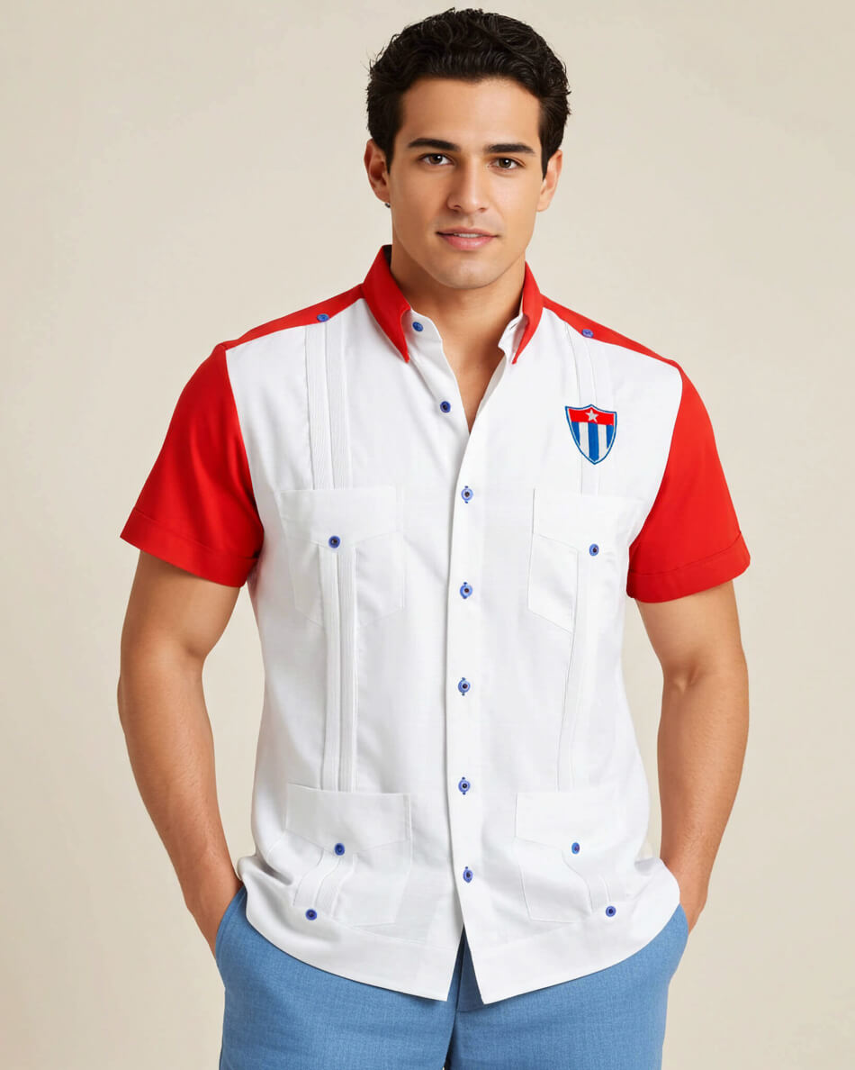Man wearing a white shirt with red sleeves and a flag emblem on a beige background