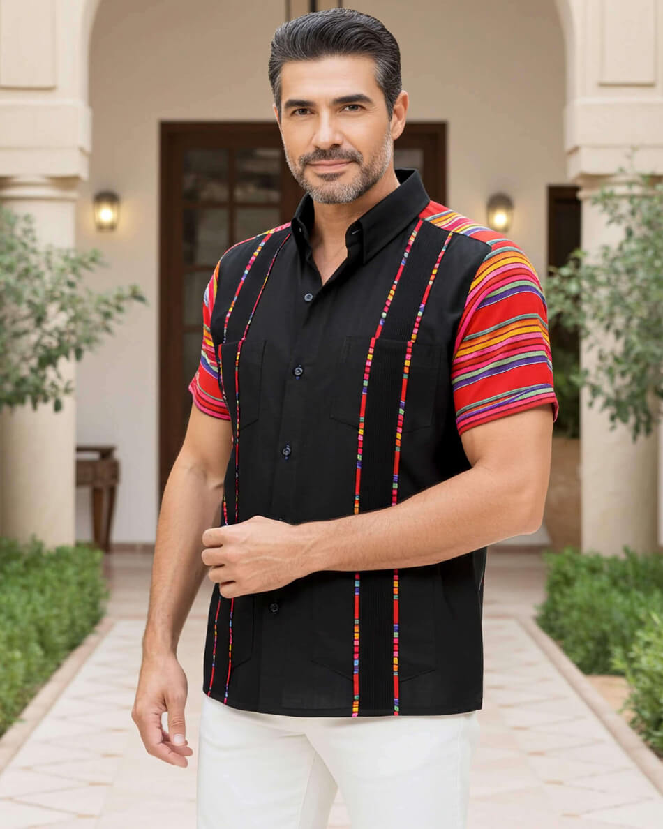 Black Azteca Zarape Guayabera