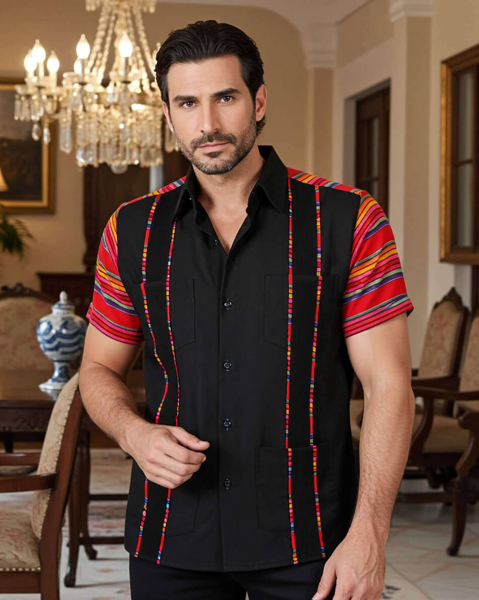 Black Azteca Zarape Guayabera