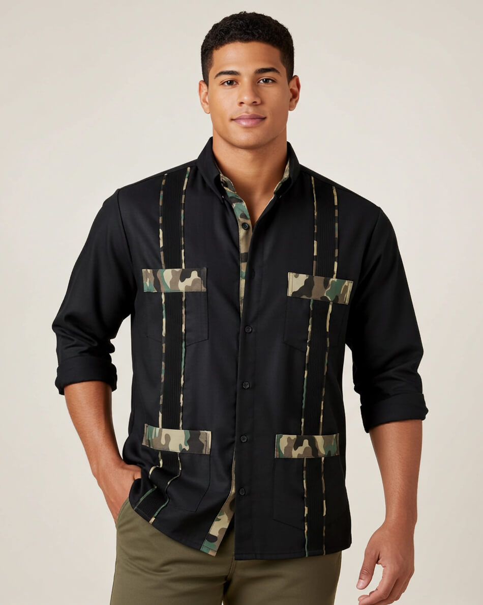 Man wearing a black guayabera shirt with camouflage accents on a beige background