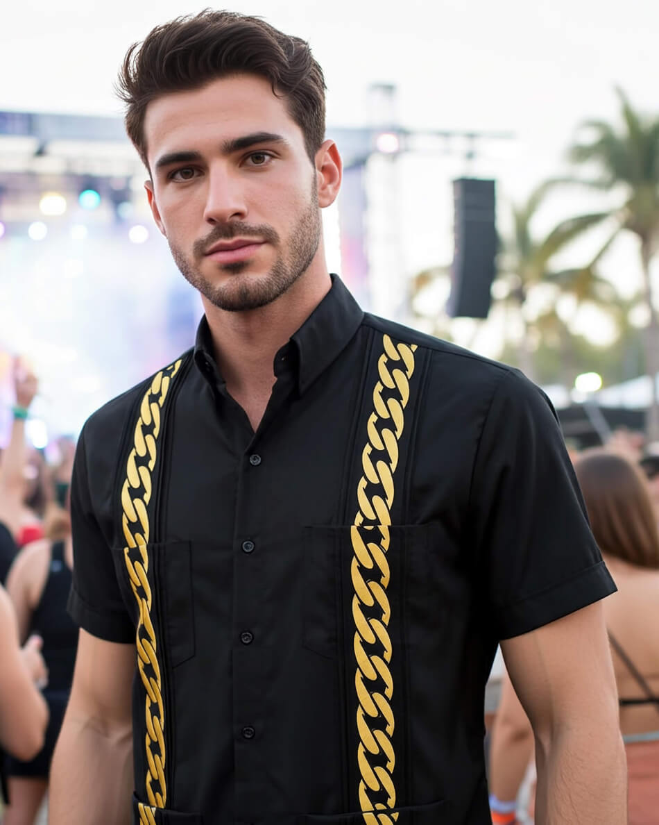 Black Lux with Gold Cuban Links Guayabera