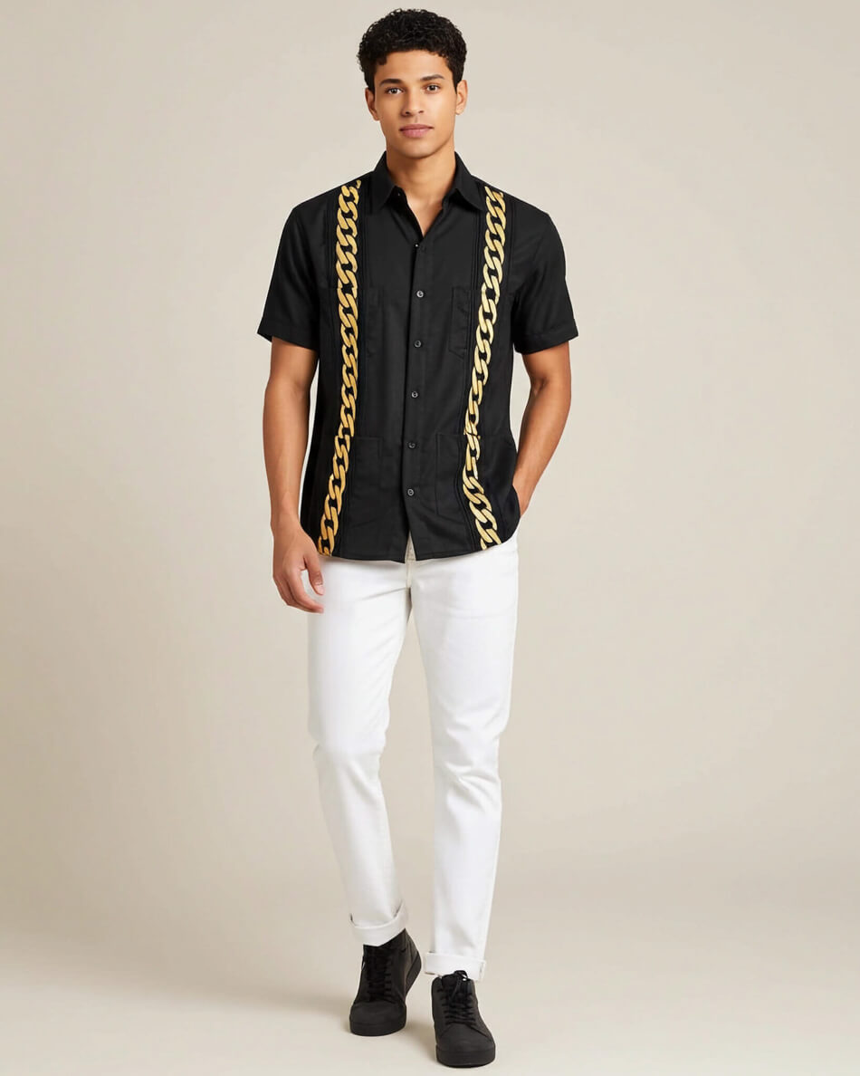 Black Lux with Gold Cuban Links Guayabera