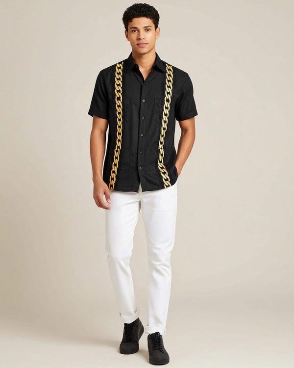 Black Lux with Gold Cuban Links Guayabera