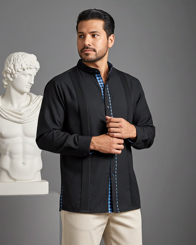 Black con Cerulean Guingán Guayabera