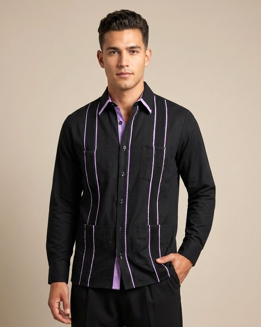Ready to Go Medium | Black con Purple Guingán Delicado Cubano Guayabera