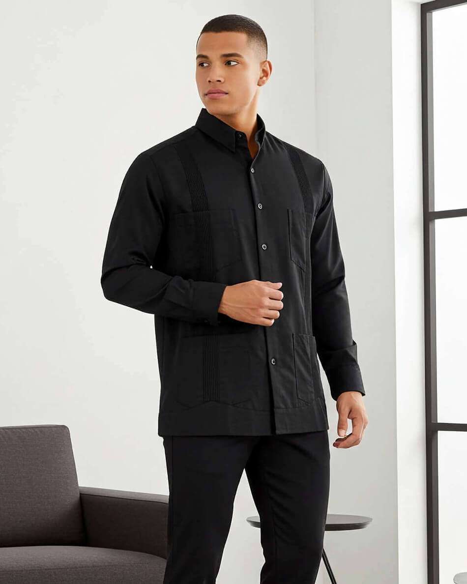 Black Lux Four Pocket Traditional Guayabera
