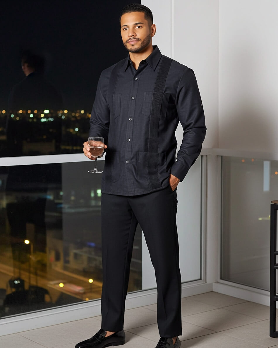 Charcoal Grey Four Pocket Traditional Guayabera