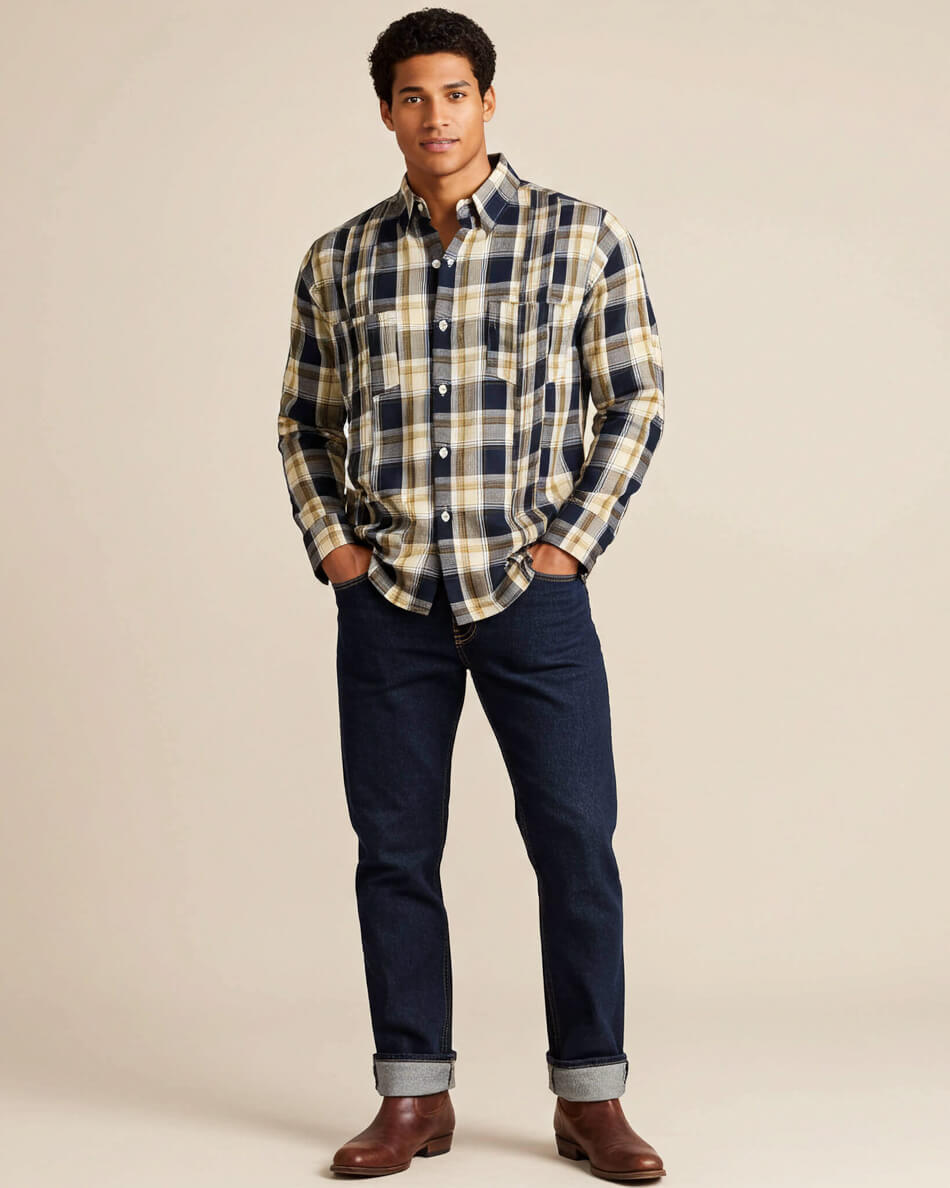 Man wearing a plaid shirt and dark jeans against a beige background