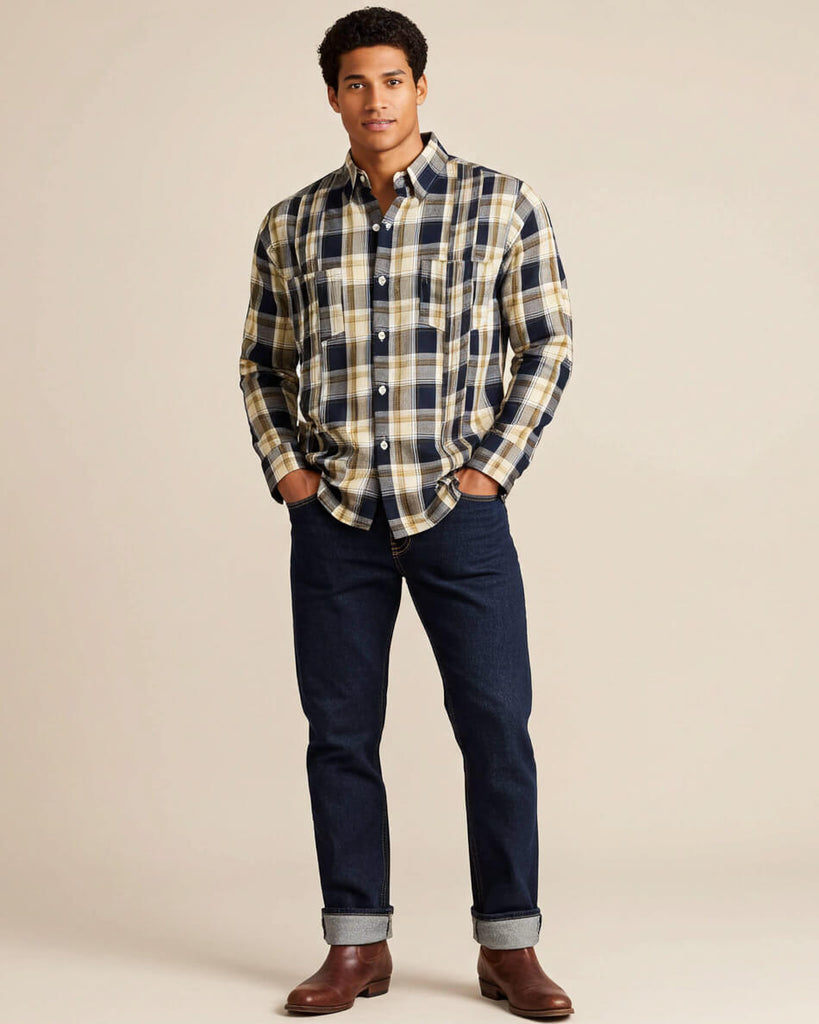 Man wearing a plaid shirt and dark jeans against a beige background