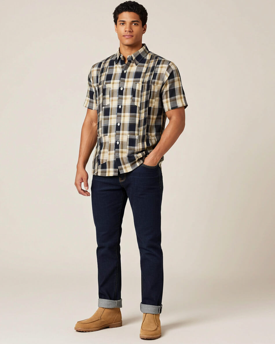 Man wearing a plaid shirt, denims, and brown boots on a plain background