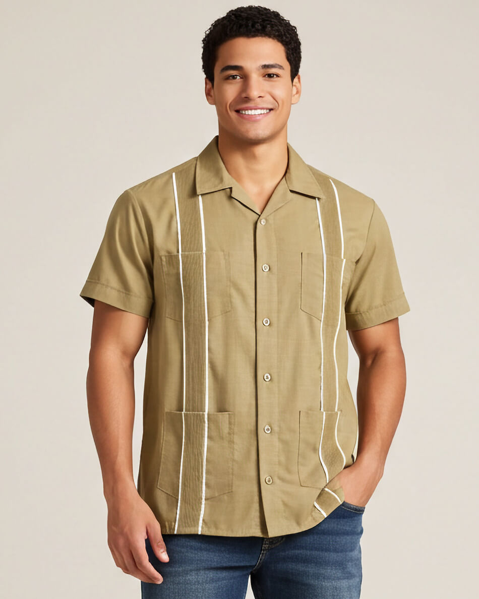 Man wearing a khaki guayabera button-up shirt with white stripes on a beige background