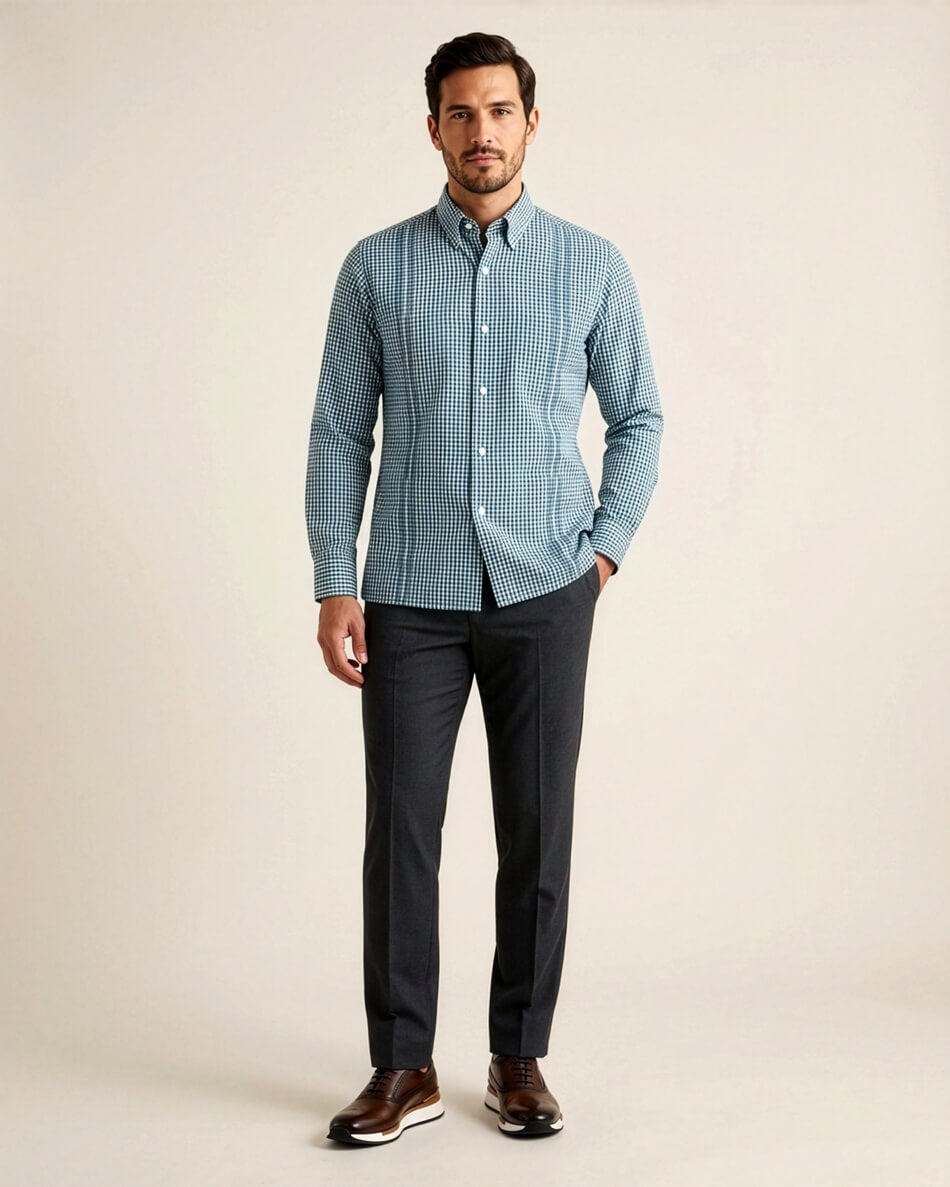 Guingán Clásico Teal Oscuro Guayabera