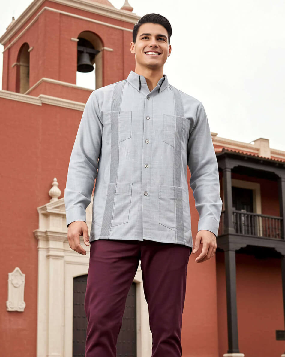 Light Grey Four Pocket Traditional Guayabera