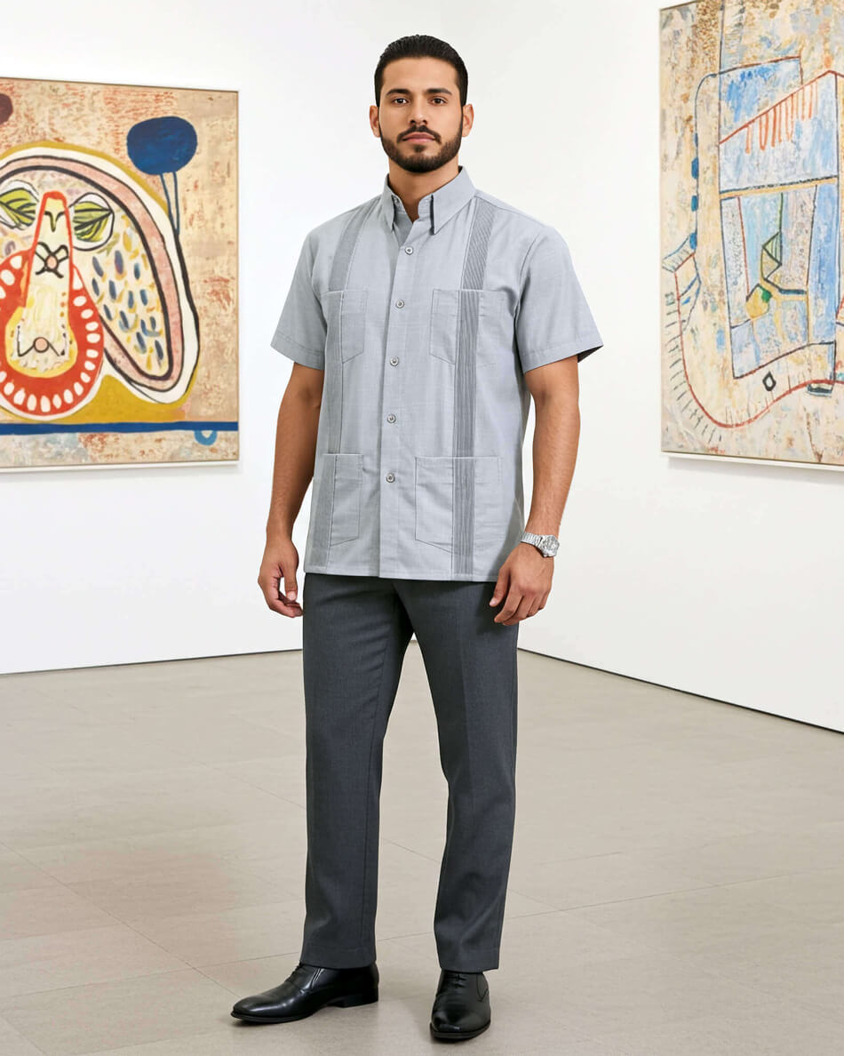 Light Grey Four Pocket Traditional Guayabera