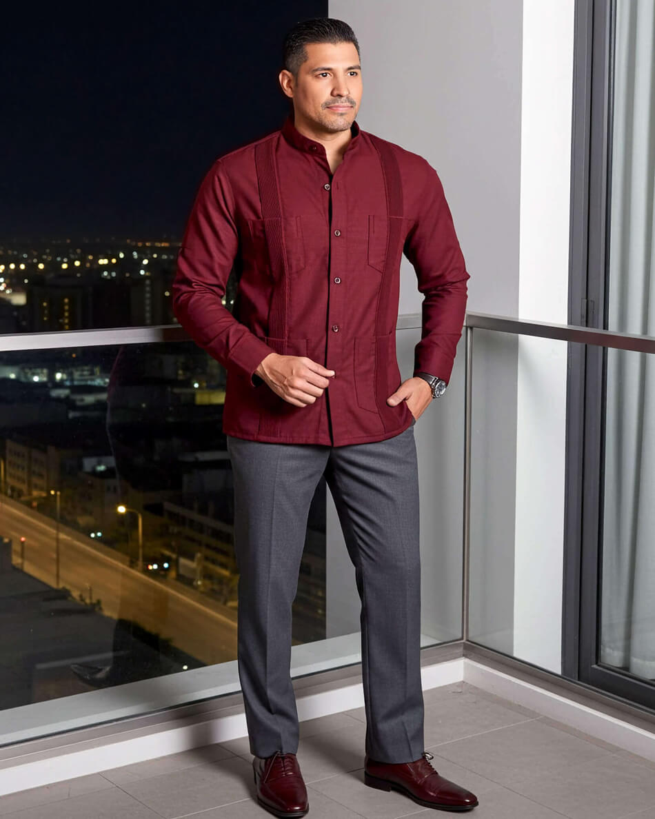 Merlot Red Four Pocket Traditional Guayabera