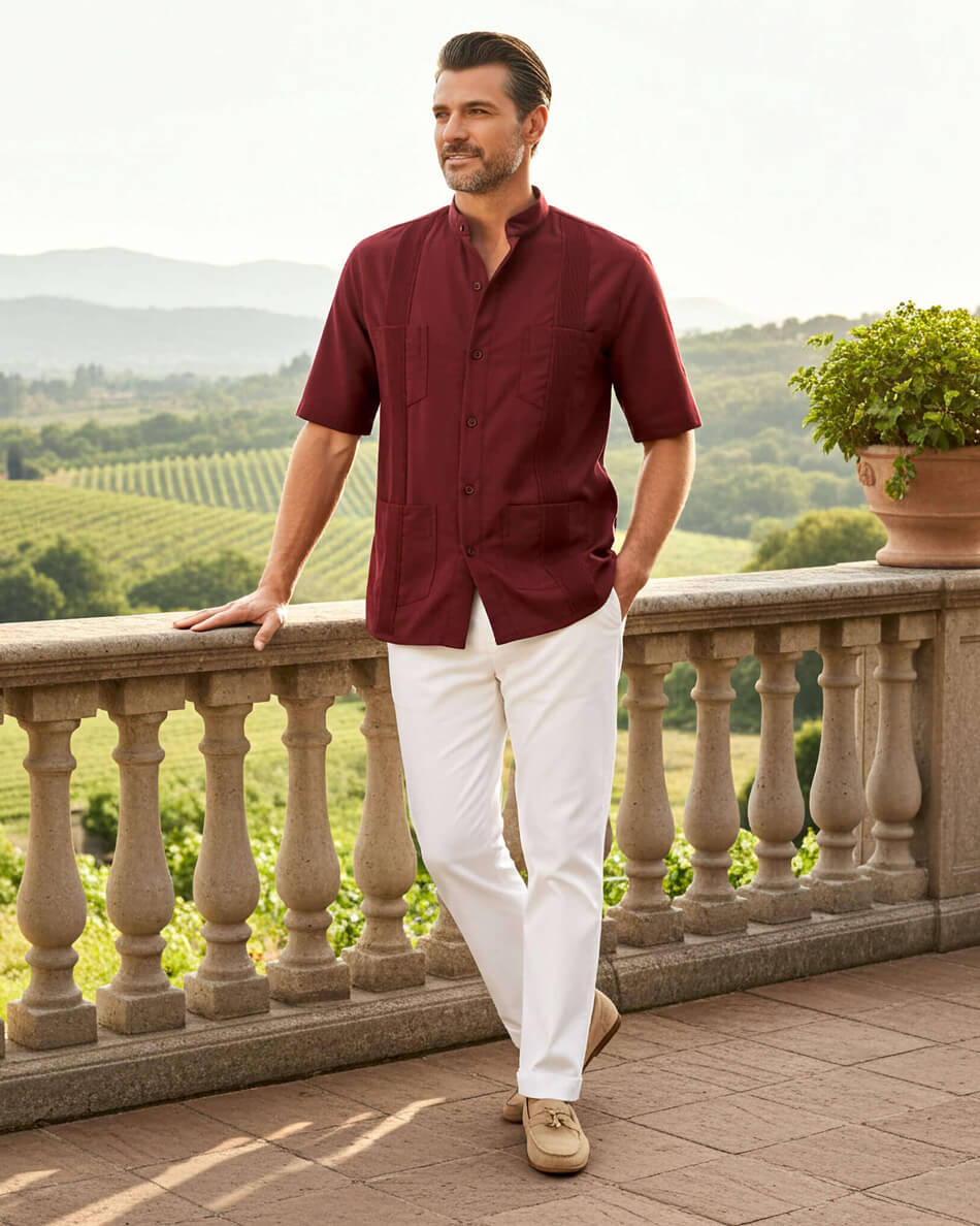 Merlot Red Four Pocket Traditional Guayabera