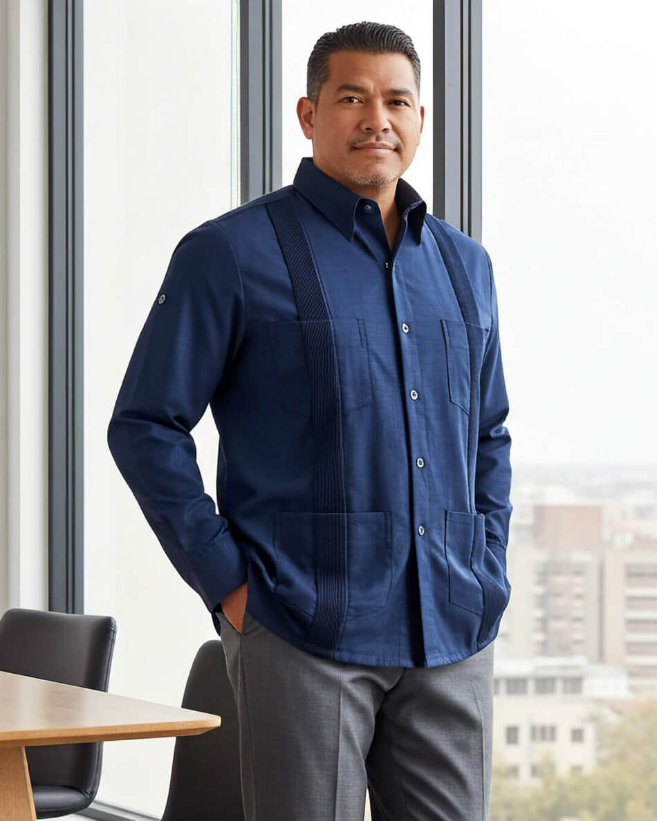 Navy Blue Four Pocket Traditional Guayabera