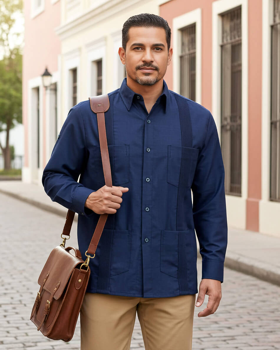 Navy Blue Four Pocket Traditional Guayabera