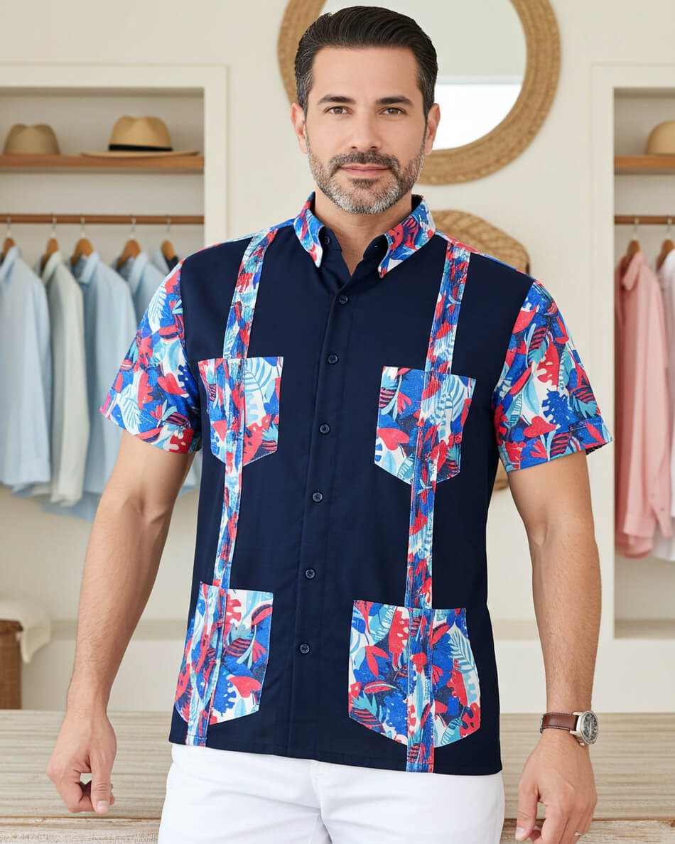 Navy Blue Tropical Oasis Guayabera