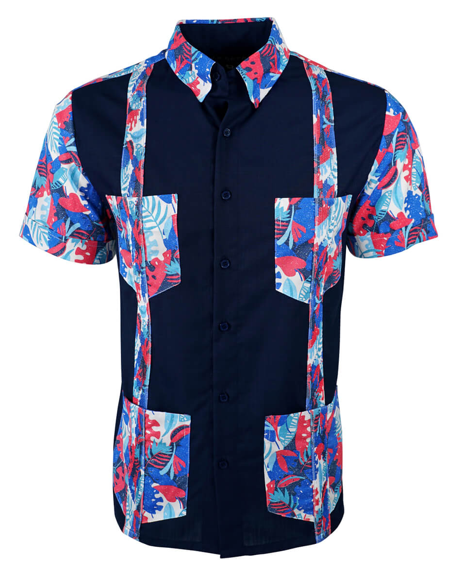 Navy Blue Tropical Oasis Guayabera