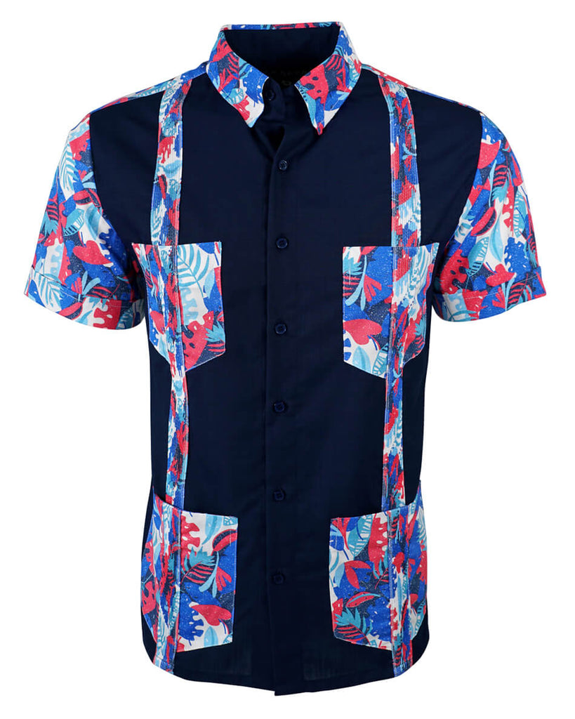 Navy Blue Tropical Oasis Guayabera
