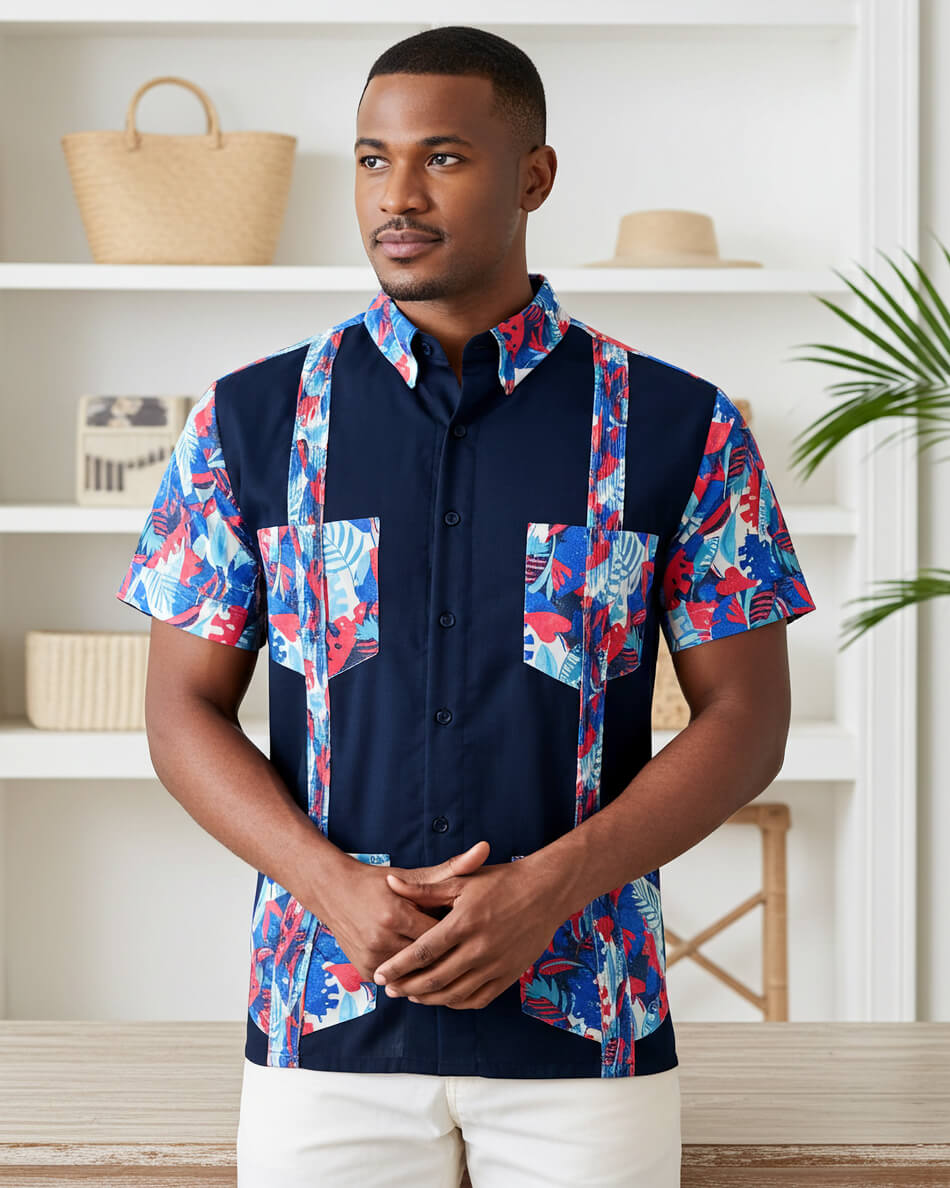 Navy Blue Tropical Oasis Guayabera