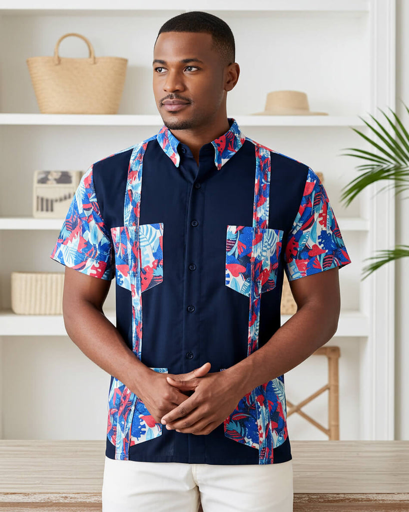 Navy Blue Tropical Oasis Guayabera