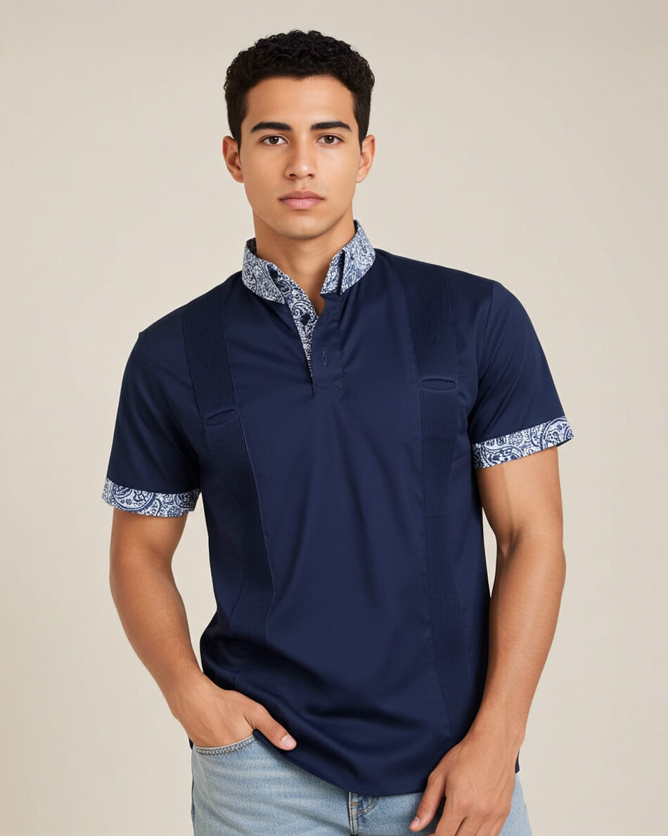 Ready to Go Small | Navy Paisley Men's Guayabera Polo