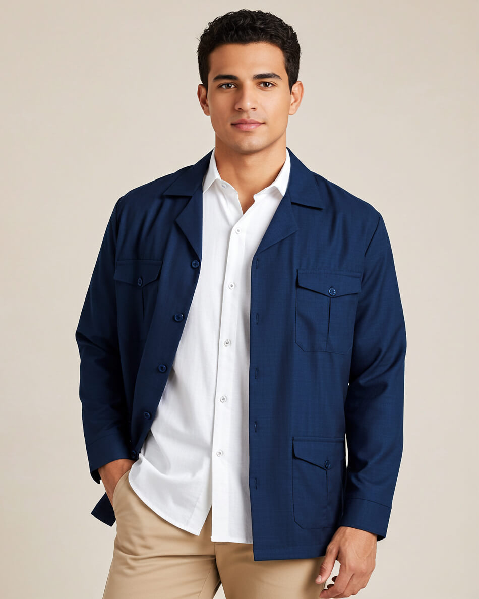 Man wearing a navy guayabera overshirt over a white shirt with a beige background