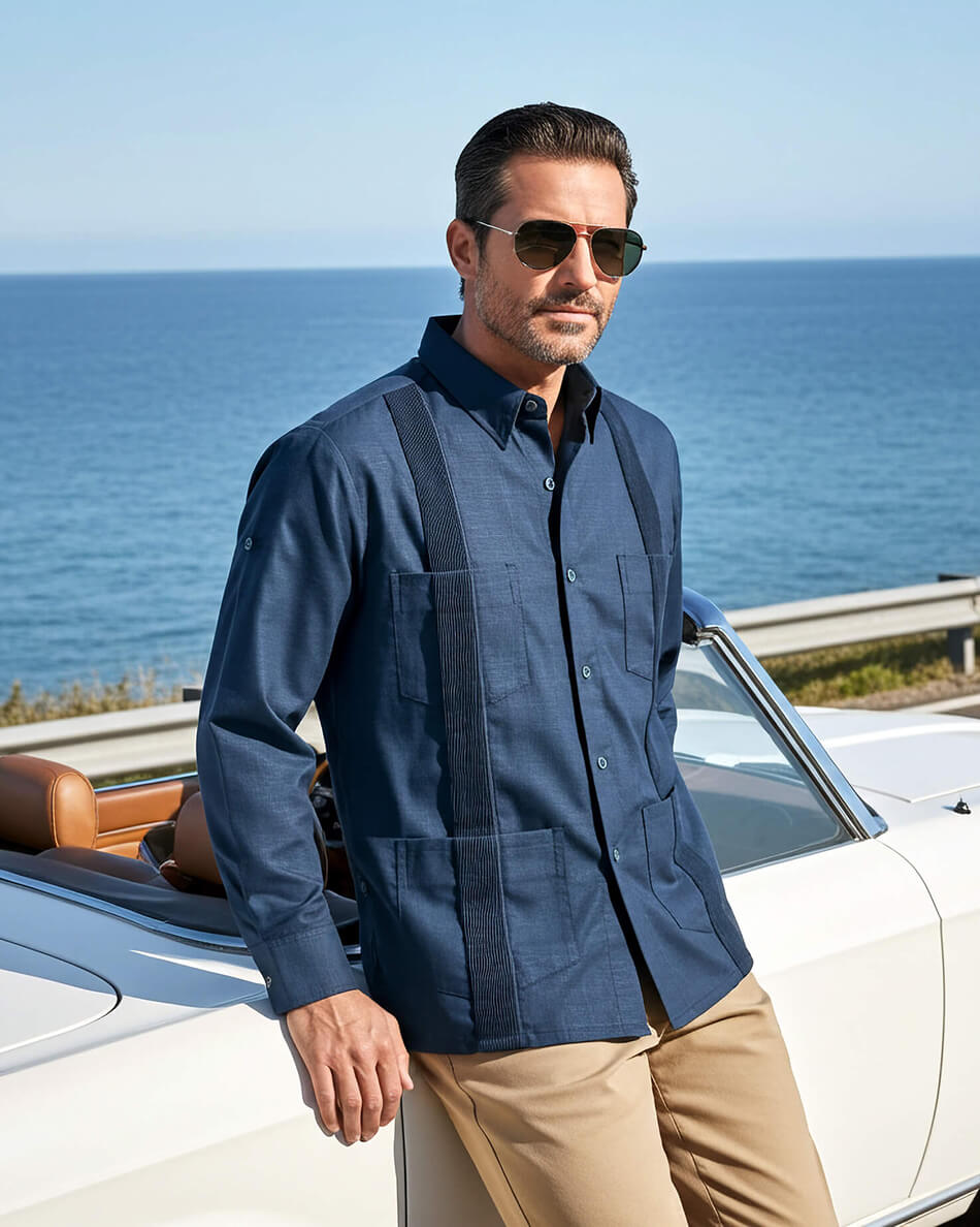 Deep Teal Four Pocket Traditional Guayabera