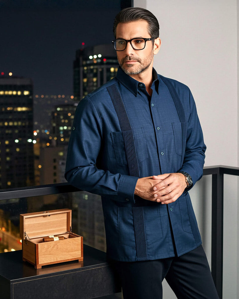 Deep Teal Four Pocket Traditional Guayabera