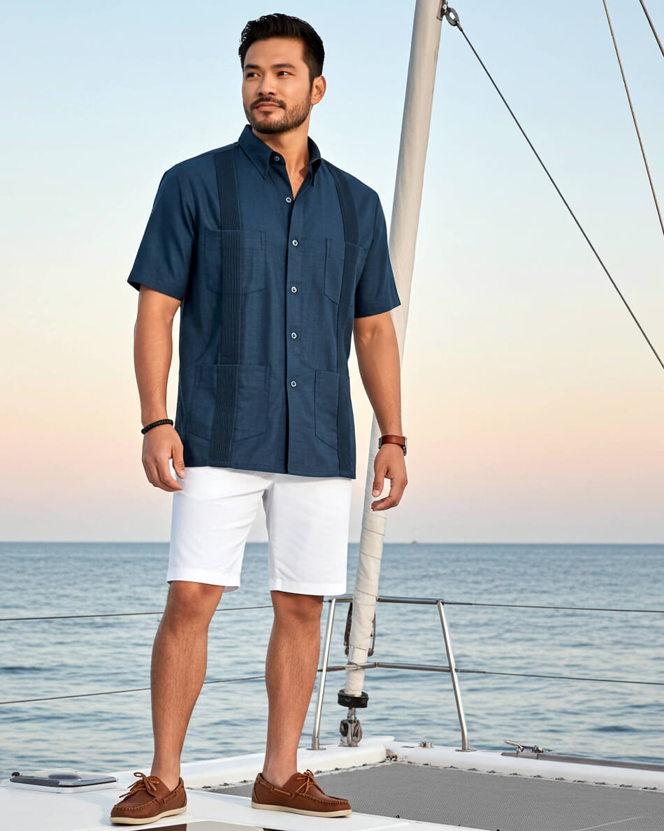 Deep Teal Four Pocket Traditional Guayabera