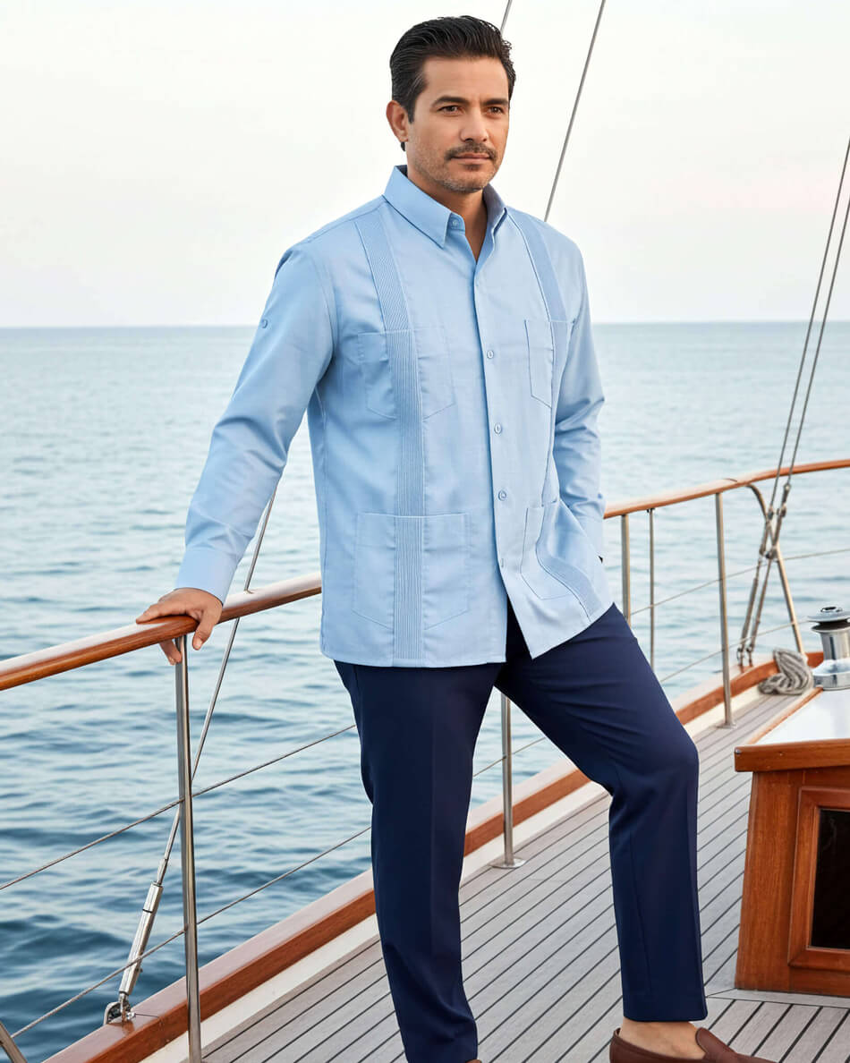 Sky Blue Four Pocket Traditional Guayabera