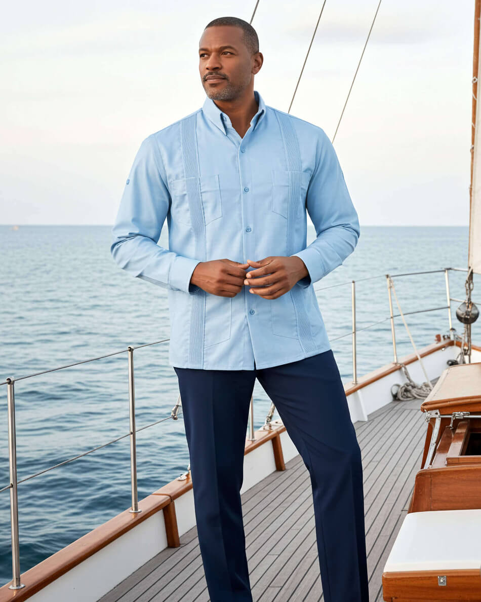 Sky Blue Four Pocket Traditional Guayabera