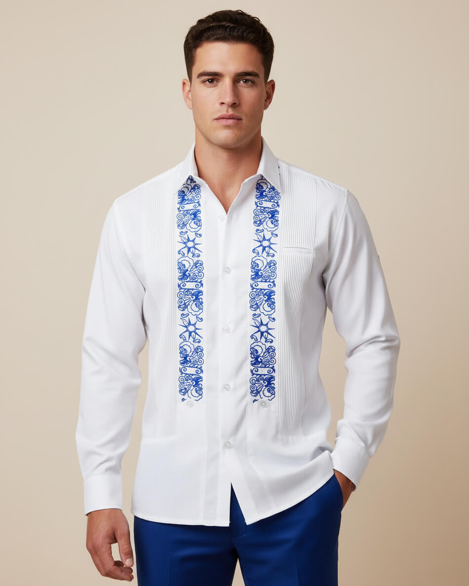 White Clouds with Blue Stars Guayabera