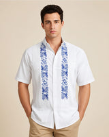 White Clouds with Blue Stars Short Sleeve Guayabera