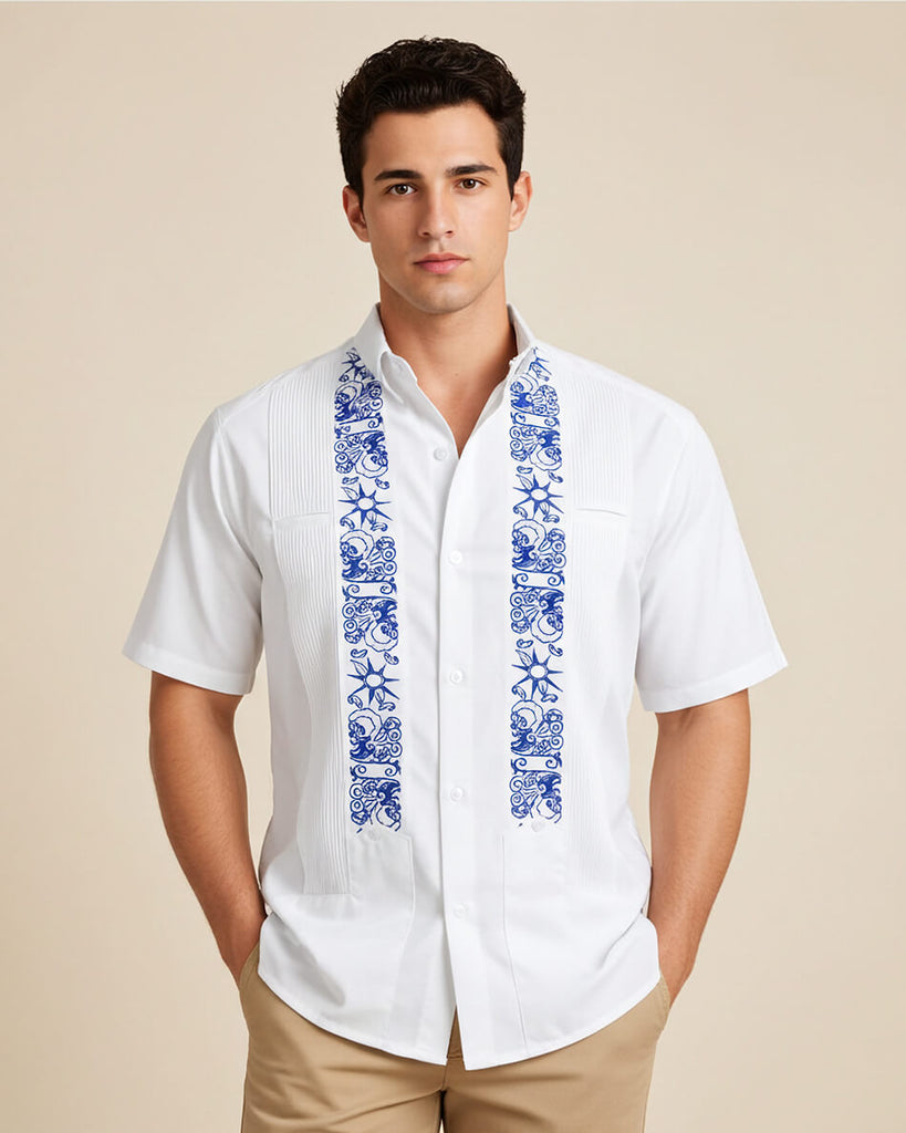 White Clouds with Blue Stars Short Sleeve Guayabera
