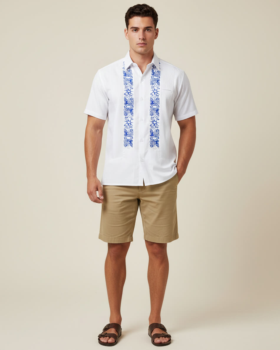 White Clouds with Blue Stars Short Sleeve Guayabera