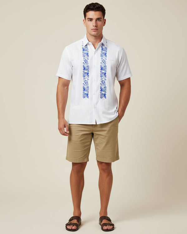 White Clouds with Blue Stars Short Sleeve Guayabera