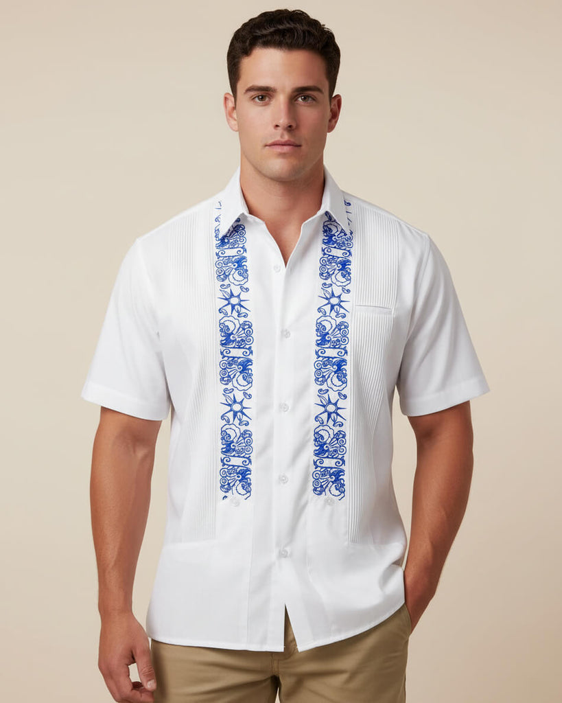 White Clouds with Blue Stars Short Sleeve Guayabera