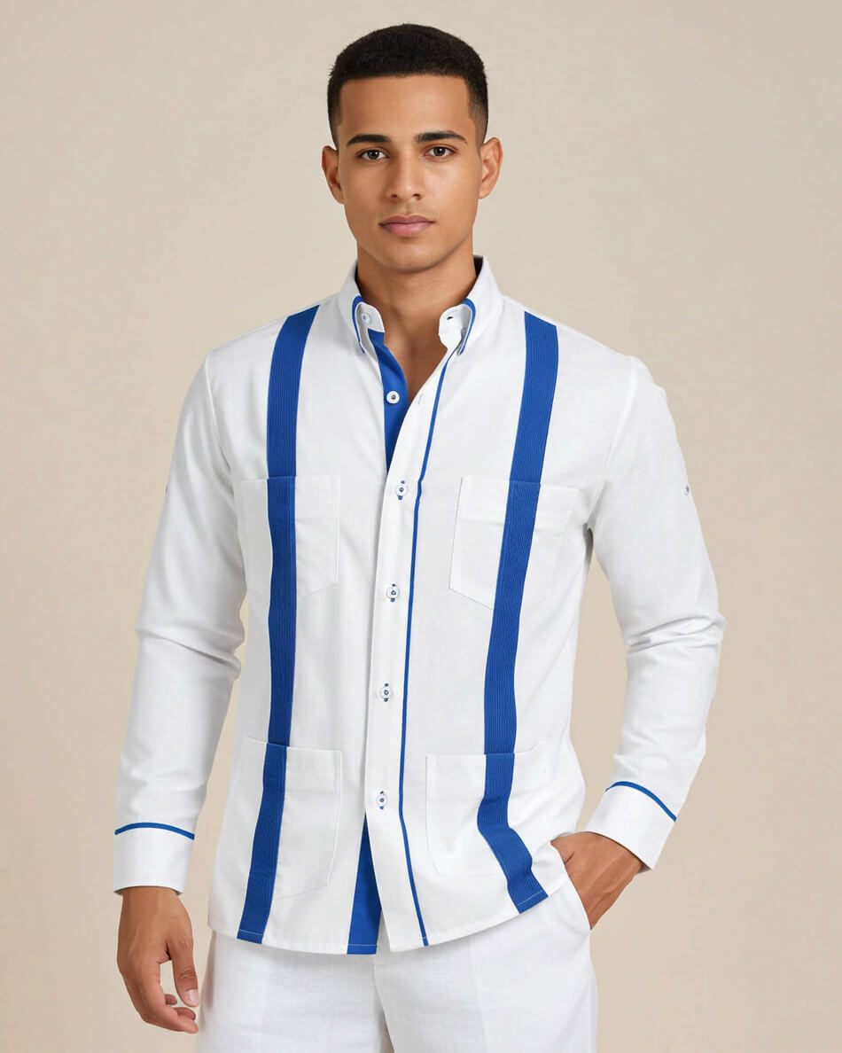 Man wearing a white guayabera shirt with blue stripes on a beige background