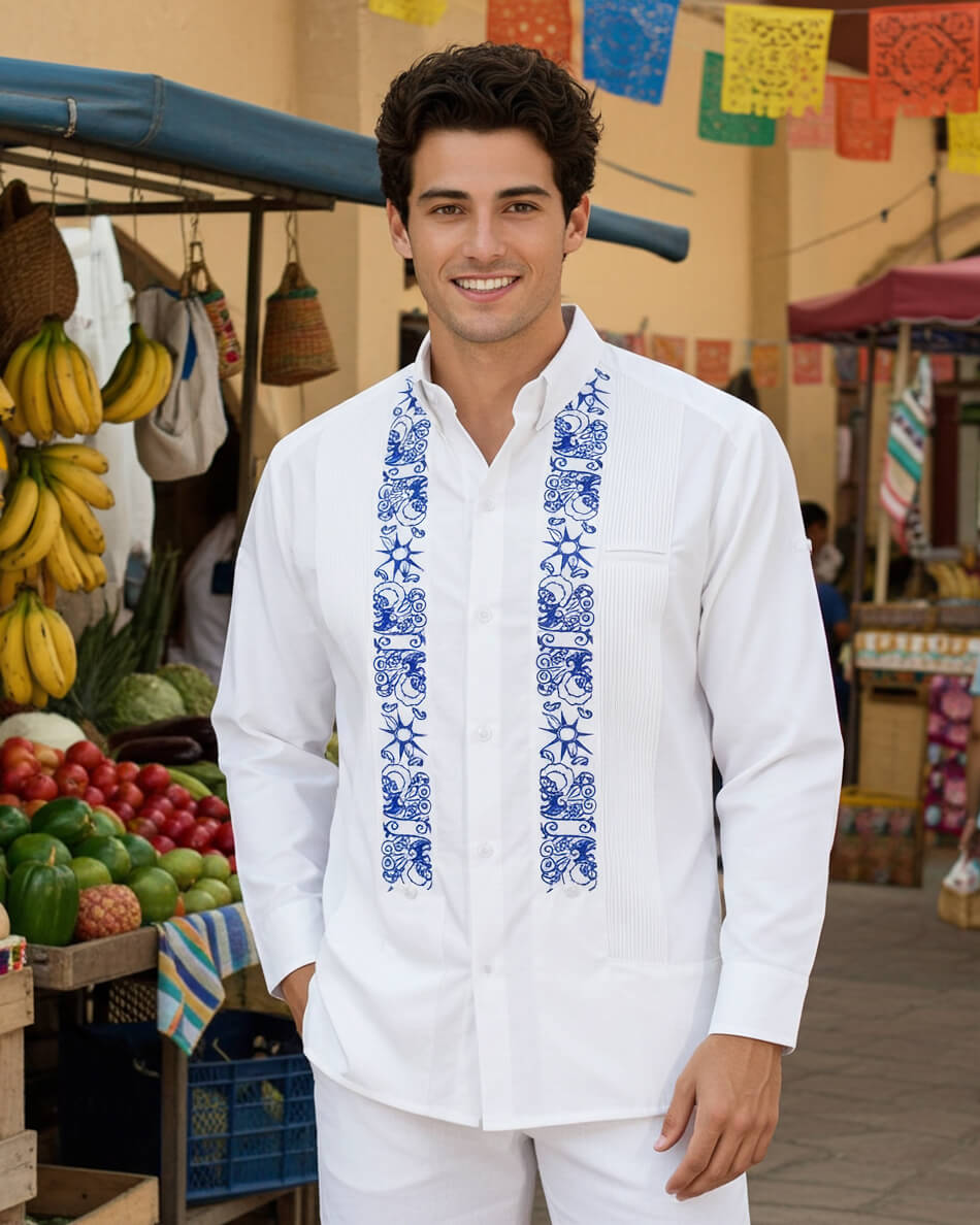 White Clouds with Blue Stars Guayabera