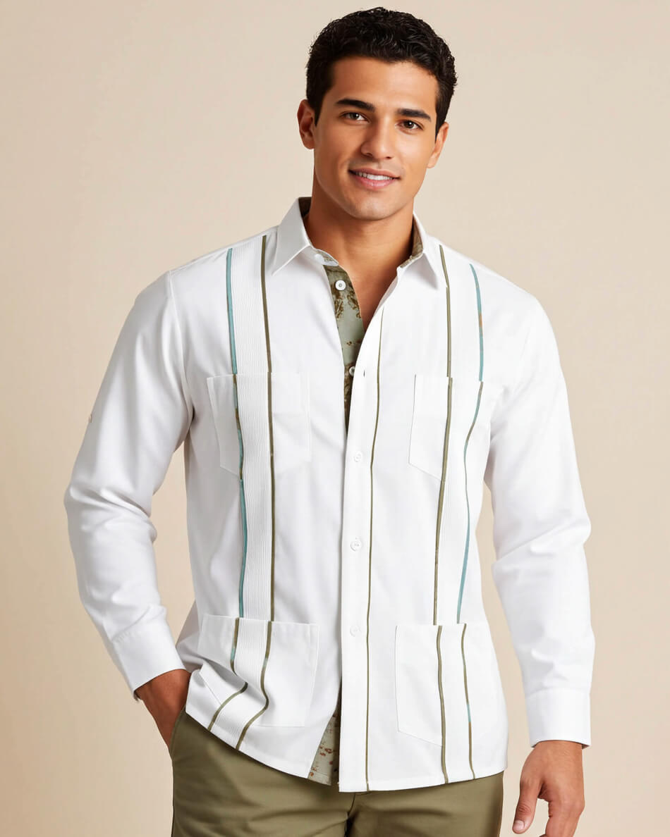Man wearing a white button-up guayabera dress shirt with vertical stripes on a beige background