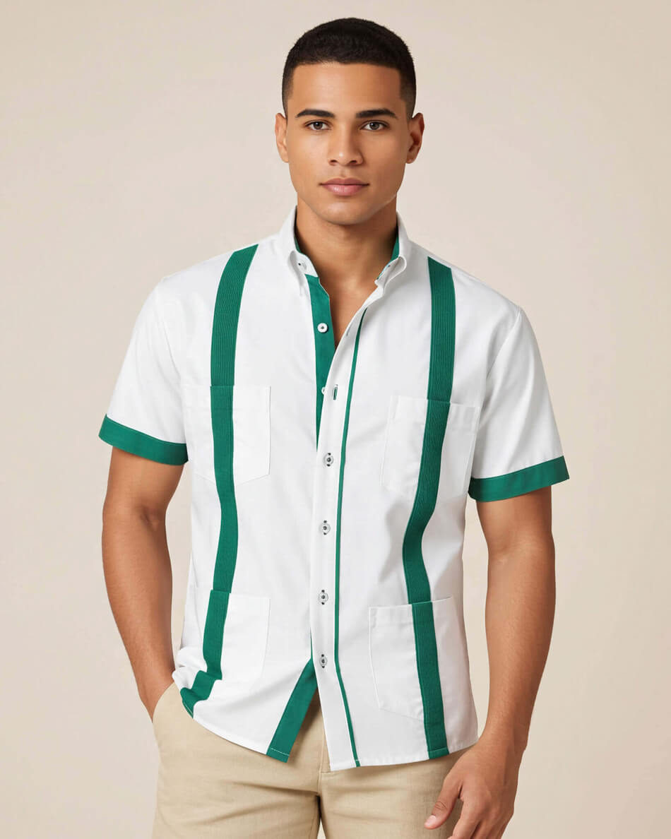 Man wearing a white guayabera shirt with green pleats on a beige background