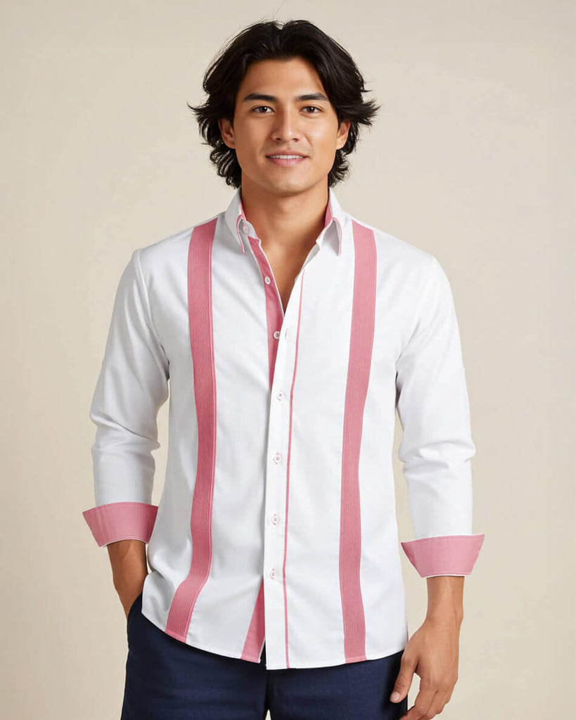 Man wearing a white long-sleeve guayabera shirt with pink stripes on a beige background